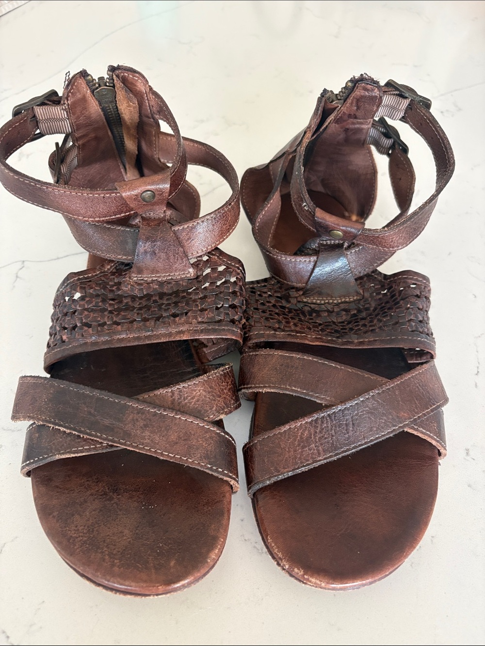 BED|STU Brown Leather Woven Ankle-Strap Sandals